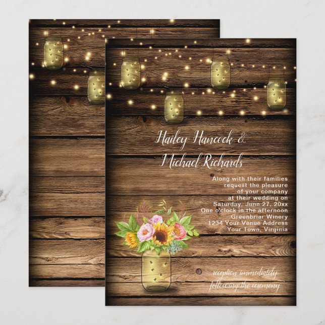 Rustic Mason Jar Fireflies Sunflowers String Light Invitation (Front/Back)