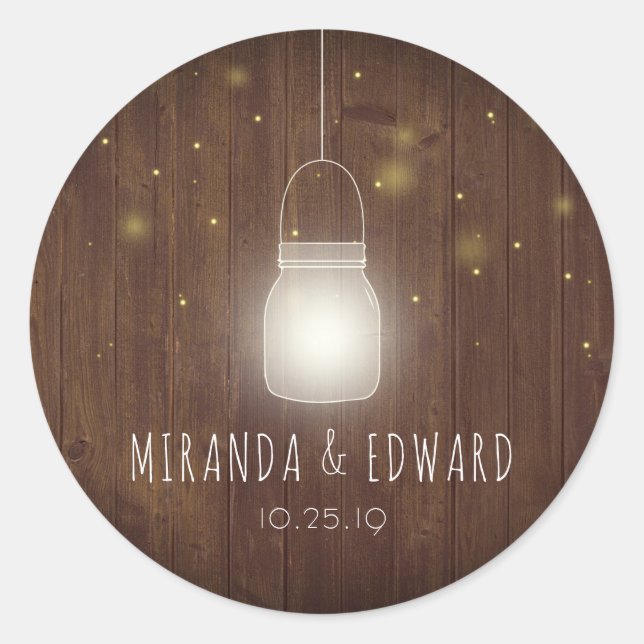 Rustic Mason Jar Fireflies Wedding Favour Classic Round Sticker (Front)