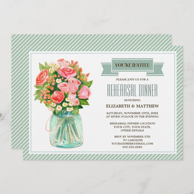 Rustic Mason Jar Floral Rehearsal Dinner  Invitation (Front/Back)