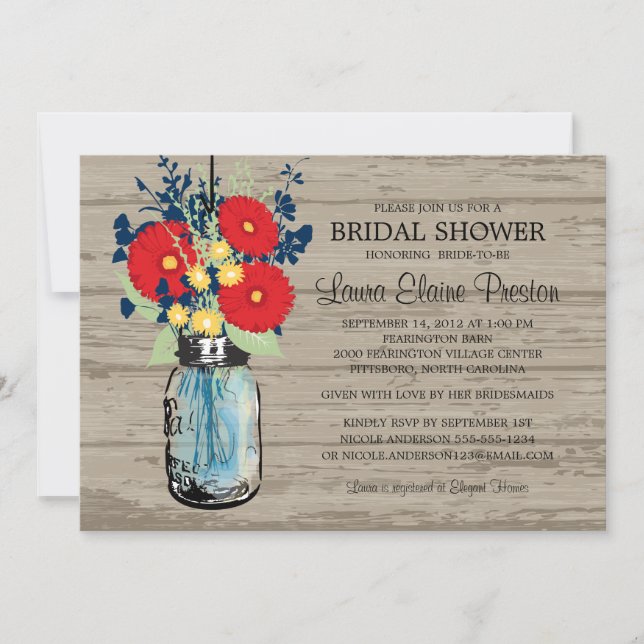 Rustic Mason Jar Gerber Daisies Bridal Shower Invitation (Front)