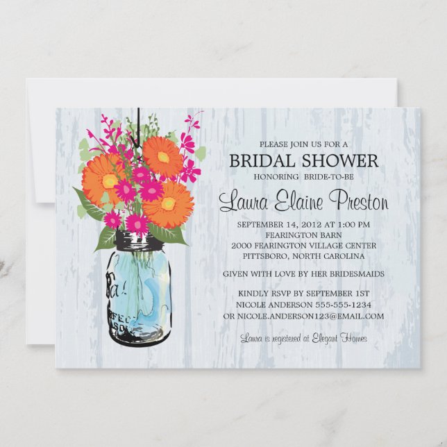 Rustic Mason Jar Gerber Daisies Bridal Shower Invitation (Front)