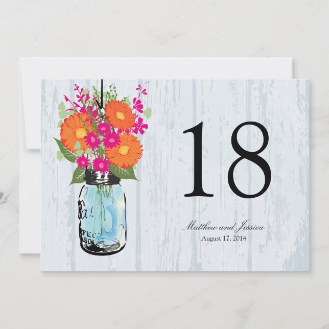 Rustic Mason Jar Gerber Daisies Table Number (Front)