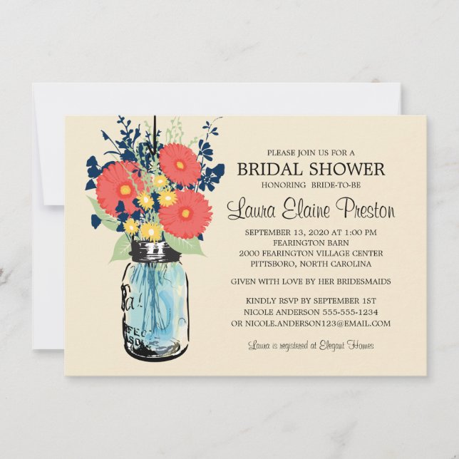Rustic Mason Jar Gerbera Daisies Bridal Shower Invitation (Front)