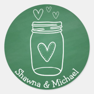 Rustic Mason Jar Green Chalkboard Wedding Hearts Classic Round Sticker