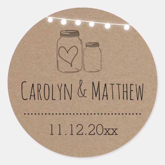 Rustic Mason Jar Heart String Lights Wedding Classic Round Sticker (Front)