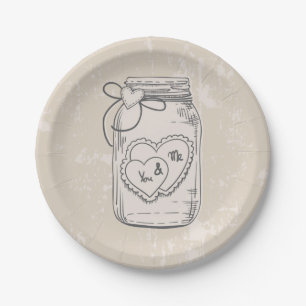 Rustic Mason Jar Hearts Tan Brown Wedding Paper Plate