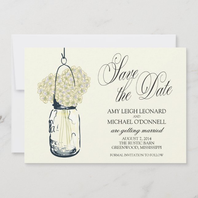 Rustic Mason Jar Hydrangrea Save the Date Invitation (Front)