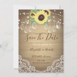 Rustic Mason Jar, Lace,  Sunflowers Save The Date