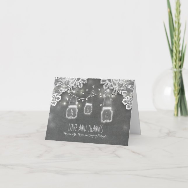 Rustic Mason Jar Lights and Lace Wedding Thank You (Front)