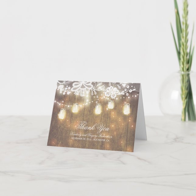 Rustic Mason Jar Lights and Lace Wedding Thank You Card (Front)