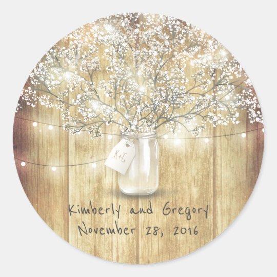 Rustic Mason Jar Lights Baby's Breath Wedding Classic Round Sticker