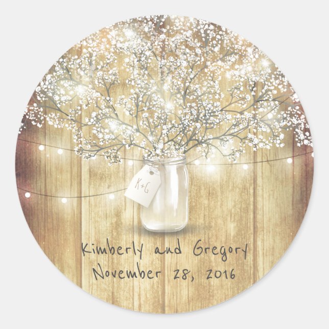 Rustic Mason Jar Lights Baby's Breath Wedding Classic Round Sticker (Front)