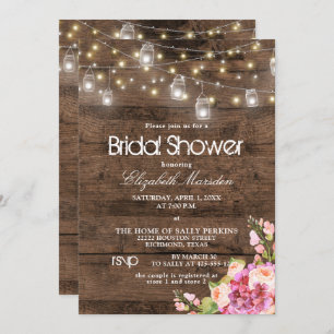 Rustic Mason Jar Lights Blush Floral Bridal Shower Invitation