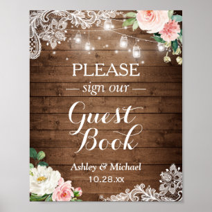 Rustic Mason Jar Lights Floral Lace Sign Guestbook
