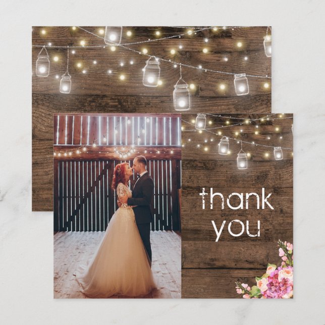 Rustic Mason Jar Lights Floral Photo Thank You Invitation (Front/Back)