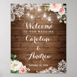 Rustic Mason Jar Lights Lace Floral Wedding Sign