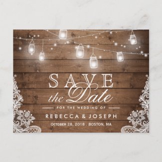 Rustic Mason Jar Lights Lace Wedding Save the Date Announcement Postcard