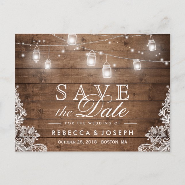 Rustic Mason Jar Lights Lace Wedding Save the Date Announcement Postcard (Front)
