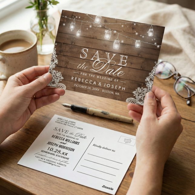 Rustic Mason Jar Lights Lace Wedding Save the Date Postcard (Creator Uploaded)
