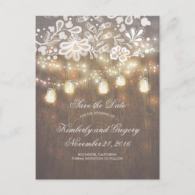 Rustic Mason Jar Lights Lace Wood Save the Date Announcement Postcard (Front)