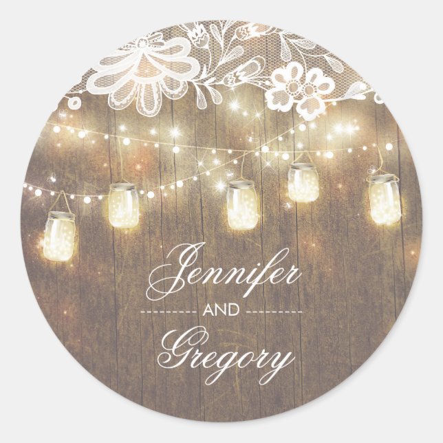 Rustic Mason Jar Lights Lace Wood Wedding Classic Round Sticker (Front)