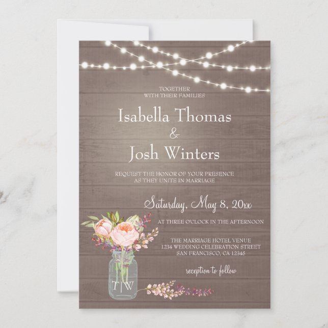 Rustic Mason Jar Lights Pink Peony Bouquet Wedding Invitation (Front)