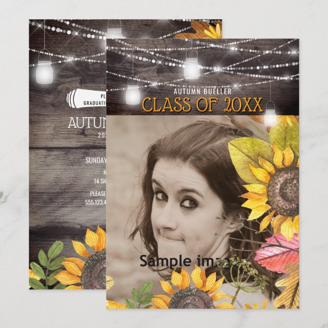 Rustic Mason Jar Lights Sunflower Photo Graduation Invitation (Front/Back)