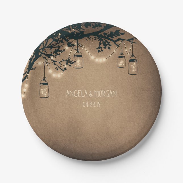 Rustic Mason Jar Lights Tree Wedding Paper Plate (Front)