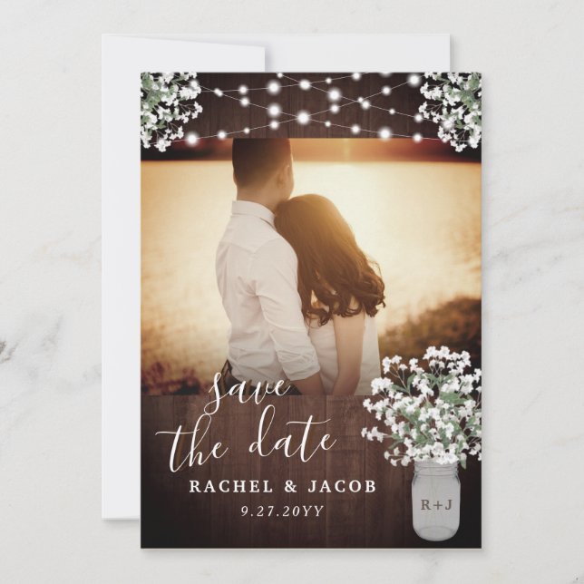 Rustic Mason Jar Lights Wedding Save the Date Card (Front)