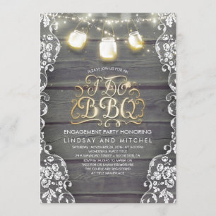 Rustic Mason Jar Lights Wood and Lace I Do BBQ Invitation