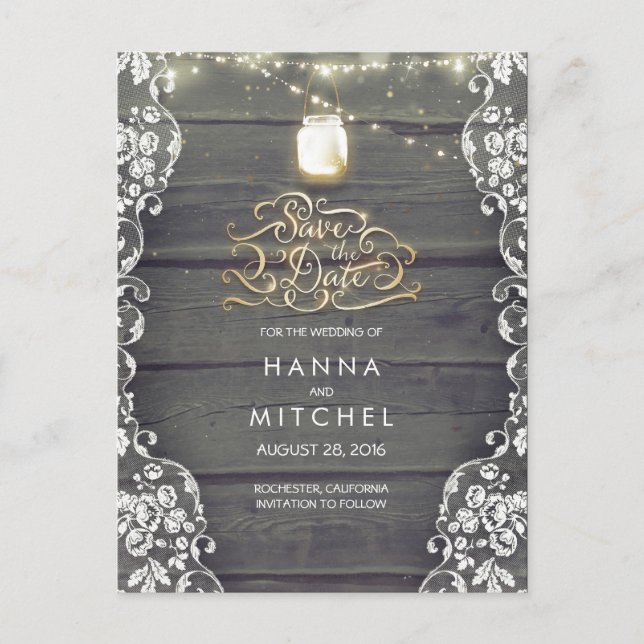 Rustic Mason Jar Lights Wood  Lace Save the Date Announcement Postcard (Front)