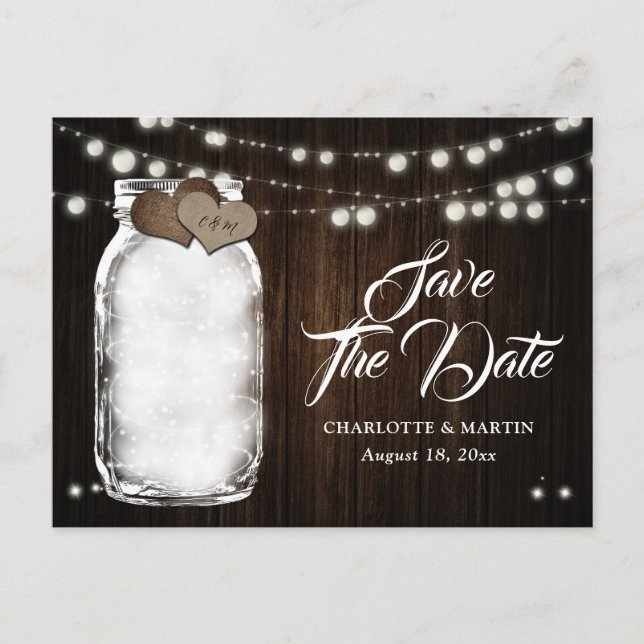 Rustic Mason Jar Lights Wood Wedding Save The Date Announcement Postcard (Front)