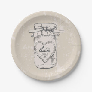 Rustic Mason Jar Love Heart Tan Brown Wedding Paper Plate
