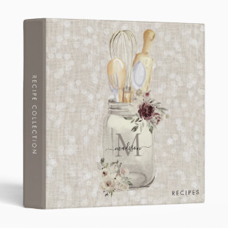 Rustic Mason Jar Monogram Floral Kitchen Recipe Binder