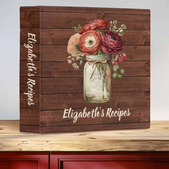 Rustic Mason Jar Monogram Name Floral Recipe Binder (Elegant Mason Jar Recipe binder. Personalize it with your name.)