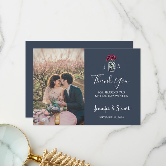 Rustic mason jar monogram navy blue photo wedding thank you card (Front/Back In Situ)