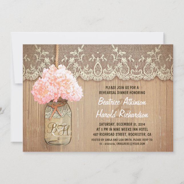 rustic mason jar pink hydrangea rehearsal dinner invitation (Front)