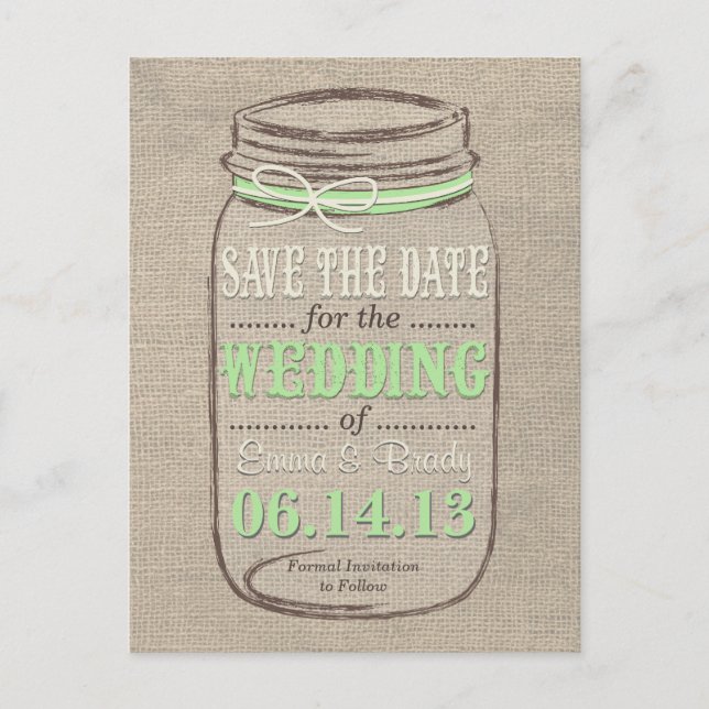 Rustic Mason Jar Save the Date Light Green Announcement Postcard (Front)