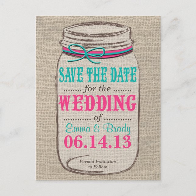 Rustic Mason Jar Save the Date Pink Teal Announcement Postcard (Front)