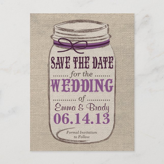 Rustic Mason Jar Save the Date Purples Announcement Postcard (Front)