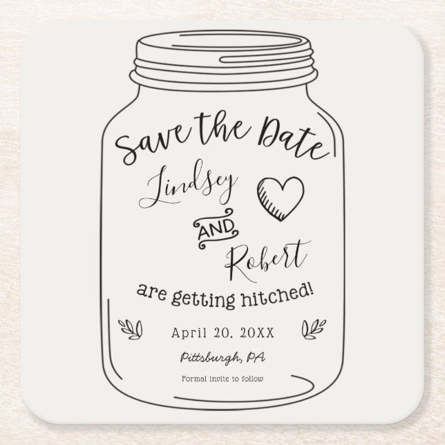 Rustic Mason Jar Save the Date Square Paper Coaster (Front)