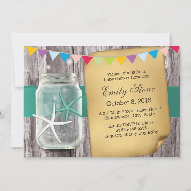 Rustic Mason Jar & Starfish Baby Shower Invitation (Front)