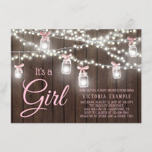 Rustic Mason Jar String Light Baby Girl Shower Invitation