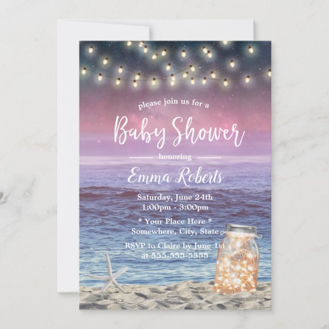 Rustic Mason Jar String Lights Beach Baby Shower Invitation (Front)