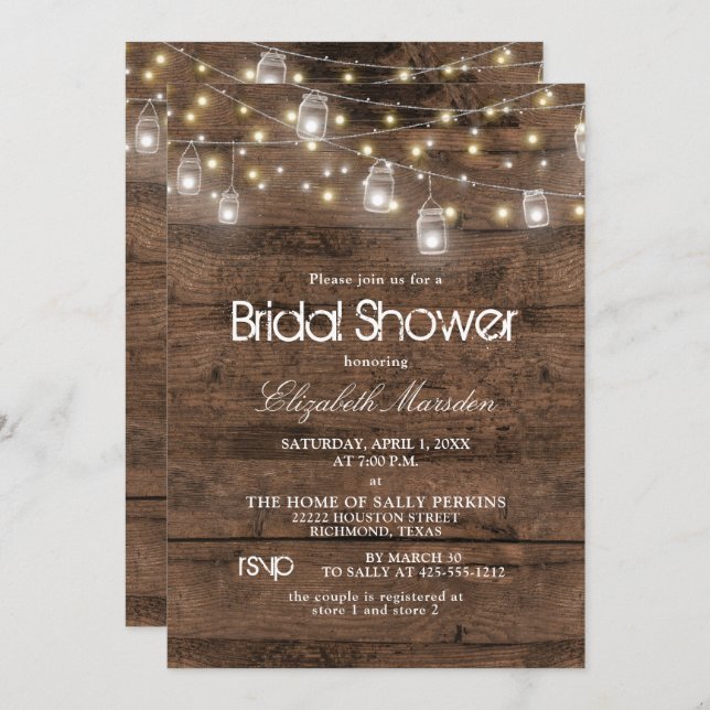 Rustic Mason Jar String Lights Bridal Shower Invitation (Front/Back)