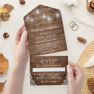 Rustic Mason Jar String Lights Country Wedding All In One Invitation