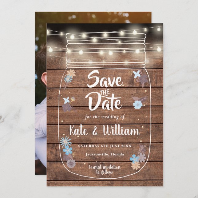 Rustic Mason Jar String Lights Floral Photo Save The Date (Front/Back)