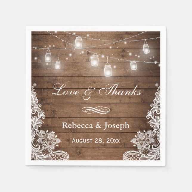 Rustic Mason Jar String Lights Lace Love Thanks Napkin (Front)