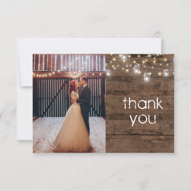 Rustic Mason Jar String Lights Photo Thank You Card (Front)