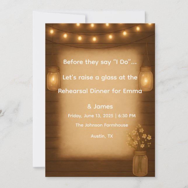 Rustic Mason Jar & String Lights Rehearsal Dinner  Invitation (Front)